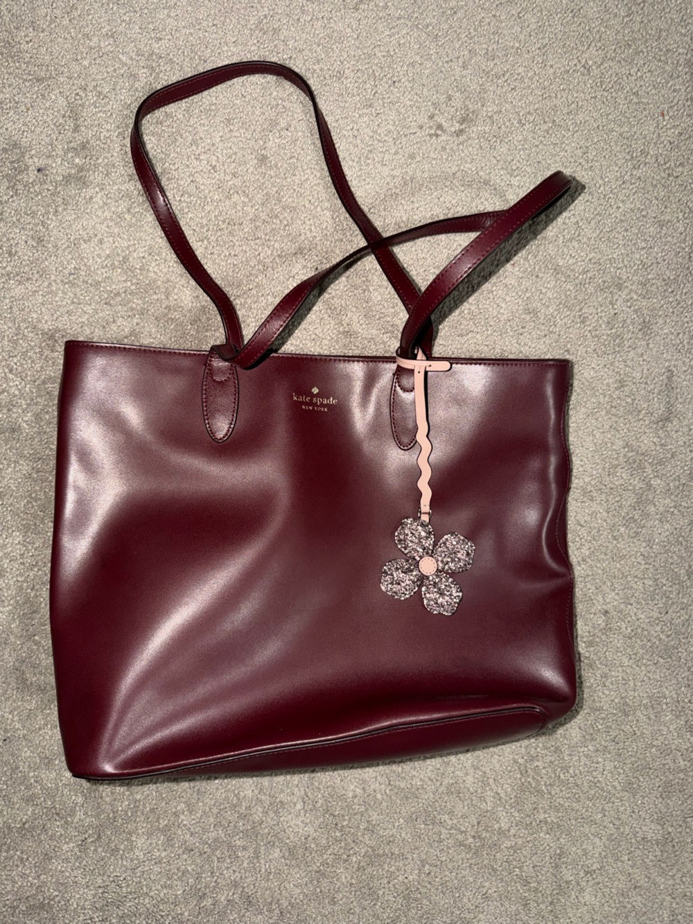 kate spade Wine Leather Tote with Pink Floral Charm